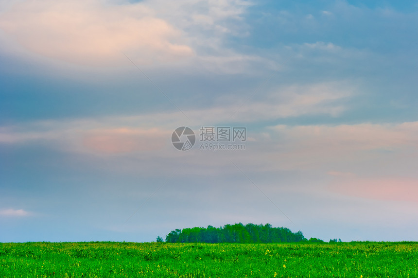 清晨前的雨天在绿草原上方图片