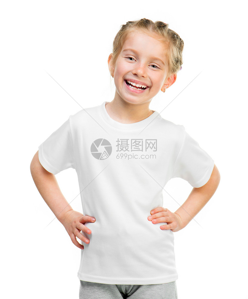 穿白色T恤衫的小女孩店铺微笑广告空白孩子幸福衣服童年青少年裙子图片