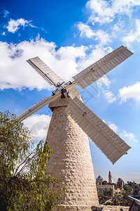 叶敏摩西耶路撒冷风速车天空游客旅行建筑物涡轮假期蓝色风车纪念碑建筑学背景