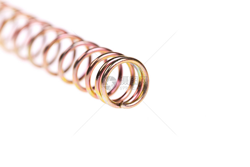 在白色背景上孤立的金色春季特端机器划痕灵活性弹性工业曲线螺旋金属金子线圈图片
