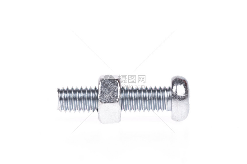 白背景上孤立的螺丝和螺母金属指甲合金硬件工作坚果铆钉工具机械白色图片
