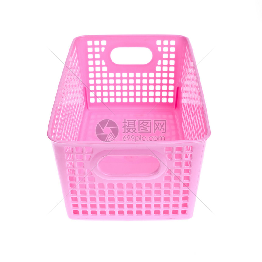 白底孤立的粉粉塑料篮子载体洗衣店白色水平粉色市场贮存购物图片