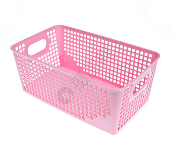 白底孤立的粉粉塑料篮子白色载体市场洗衣店粉色购物贮存水平背景图片