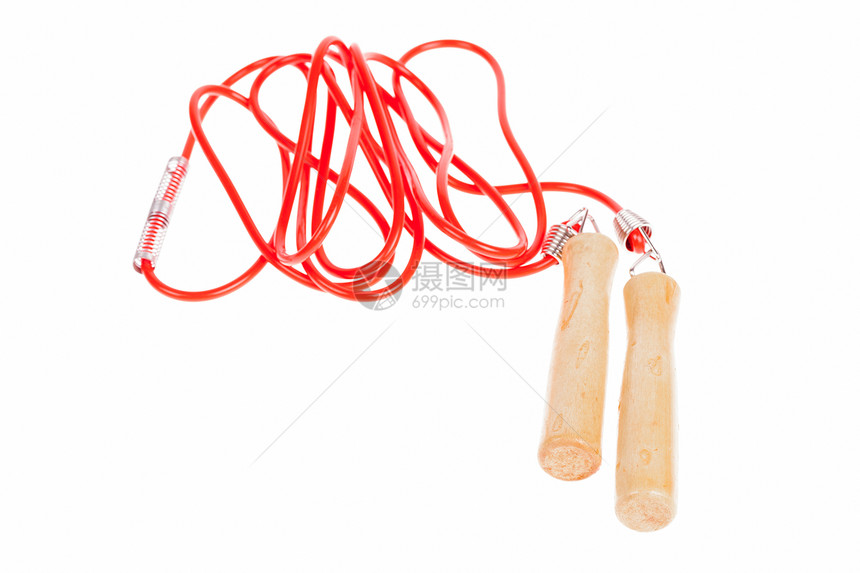 跳过在白背景上孤立的绳索保健练习童年红色闲暇跳绳生活木头健身房力量图片