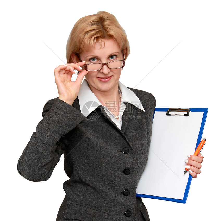 白种背景孤立的女办公室工作人员人数衣服床单面试持有专家商业戏服文件夹眼睛白色图片
