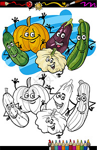 蜜本南瓜用于彩色书的蔬菜组漫画朋友们葫芦壁球团体染色填色本黄瓜水果绘画茄子插画