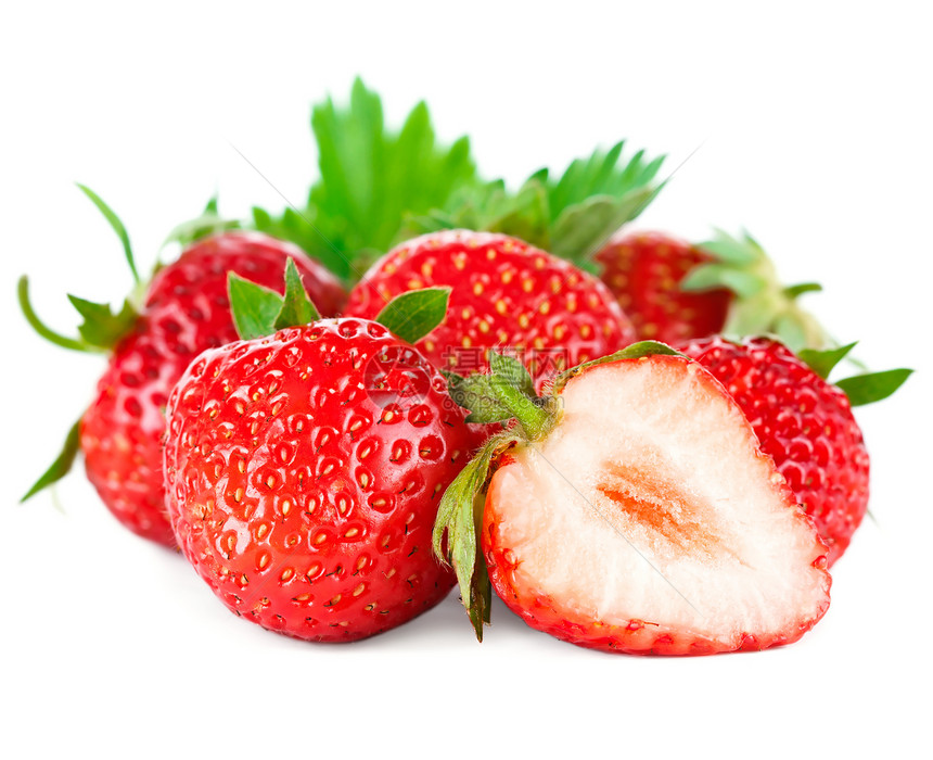 美丽的红红色新鲜的菜草莓 有叶子 白背景孤立无援美食宏观团体绿色水果食物工作室浆果果味饮食图片