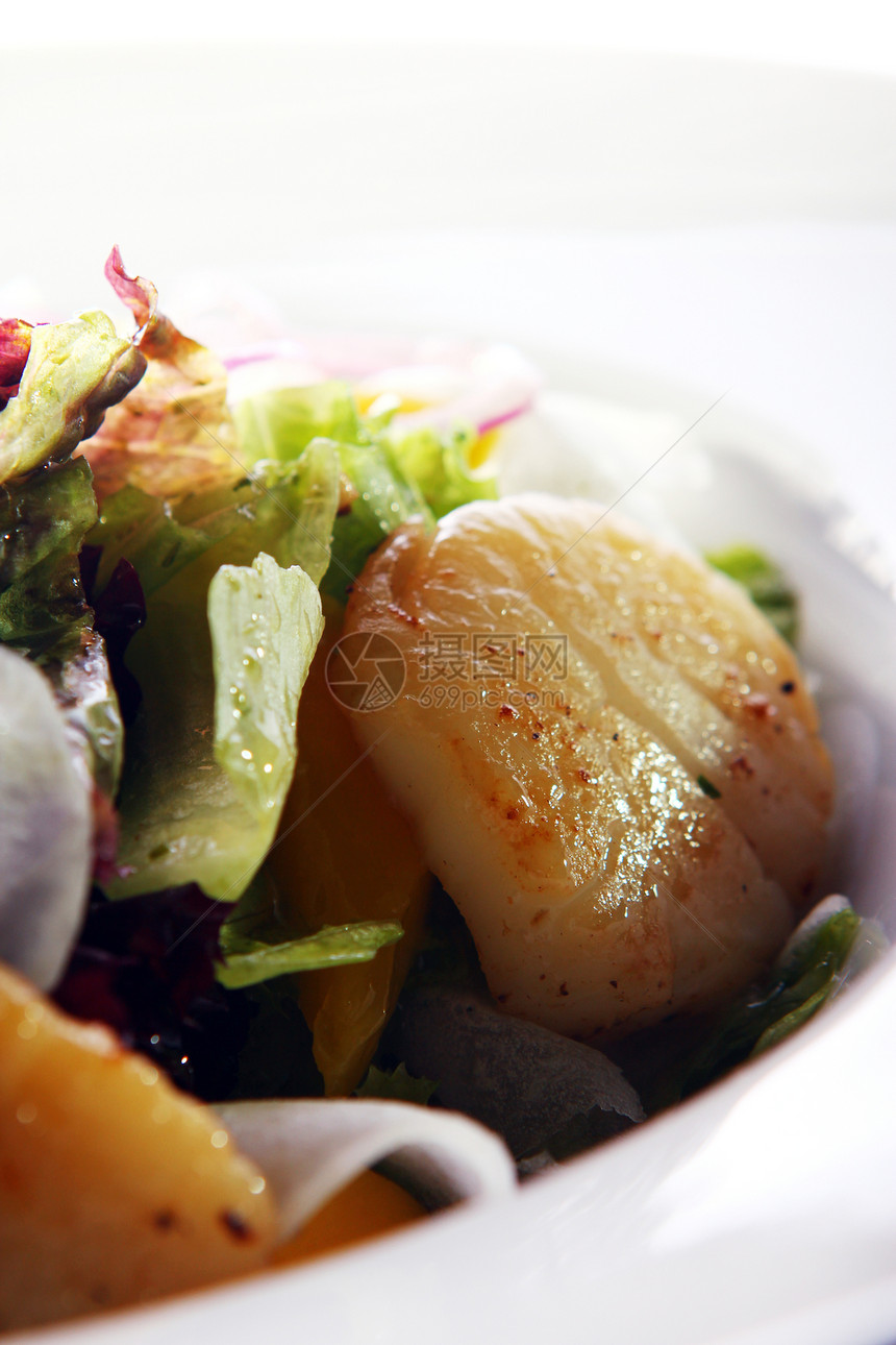 海食美食沙拉加扇贝蔬菜海鲜餐厅国家饮食烹饪食物液体盘子香菜图片