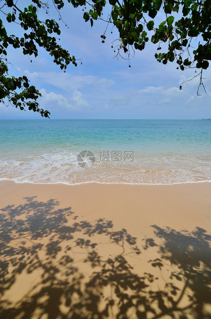 有海背景的漂亮海滩拉廊热带假期泡沫海洋农村树叶海浪蓝色阴影图片