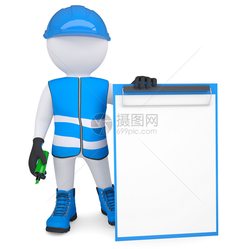 3个身穿内衣的男子 配有核对清单和标记持有者工人优惠工作服手套人士工程师衣服木偶男人图片