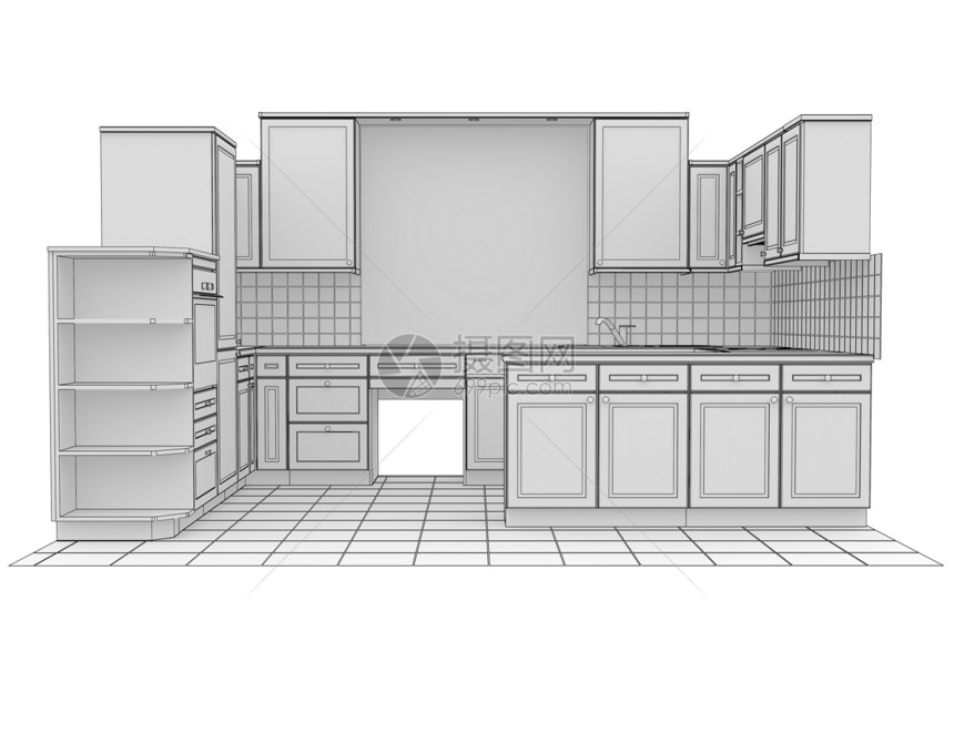 由线条铺设的厨房工程财产房间房子商业项目火炉建筑师蓝色器具图片