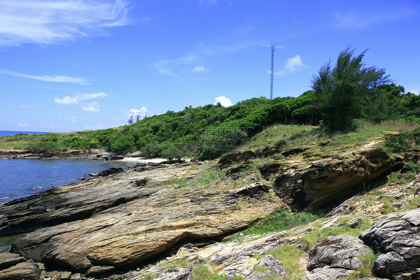 泰国沙美岛晴天植物群地平线海滩全景石头冲浪环境青色反射图片