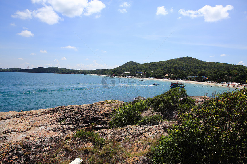 泰国沙美岛波浪全景植被反射蓝色地平线青色阳光热带海岸线图片