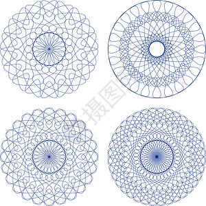 一组蓝色矢量 Guilloche罗塞特丝带桌巾墙纸徽章插图打印花丝证书角落装饰插画