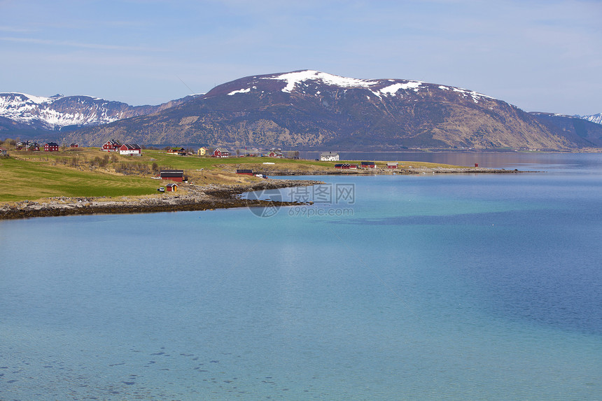 挪威湾顶峰群岛山脉风景海洋海岸旅行天空蓝色乡村图片