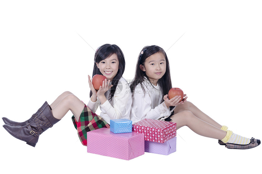 孩子们吃苹果快乐金融水果家庭重量孩子头发小吃甜点姐姐青年图片
