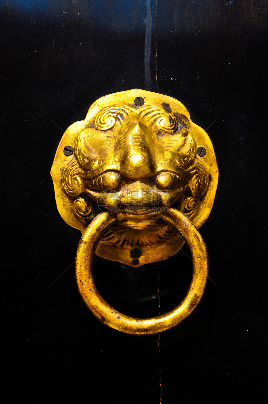 中国金斗士金子黄铜平衡门把手狮子宗教古董戒指建筑学入口图片