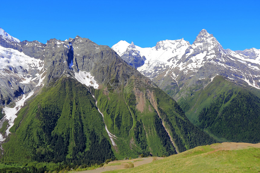 高加索山脉 Dombai顶峰荒野旅行石头爬坡冰川全景木头首脑叶子图片