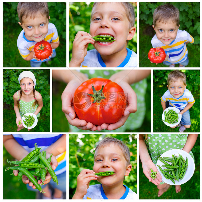 男孩拿着番茄孩子生长女孩乐趣衣服橙子食物植物青豆蔬菜图片