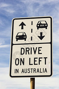 在澳大利亚左手驾驶标志箭头路标符号天空背景图片