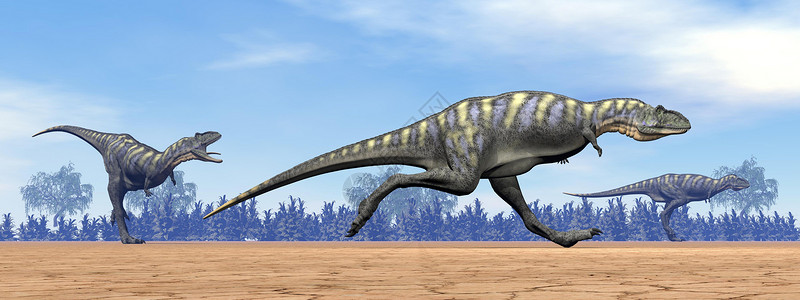 蜥臀目水星恐龙运行  3D灭绝眼睛蜥脚类地面侏罗纪动物植物蓝色天空背景