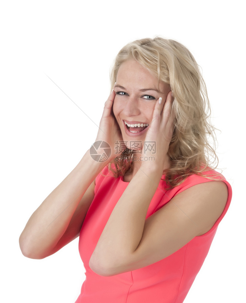 快乐的年轻女青年白色女孩女子幸福乐趣红色牙齿服饰女性珊瑚图片