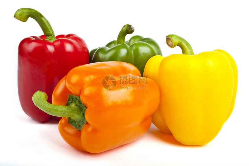 白色背景的贝尔胡椒食物吹笛者健康饮食维生素绿色辣椒植物黄色橙子好处图片