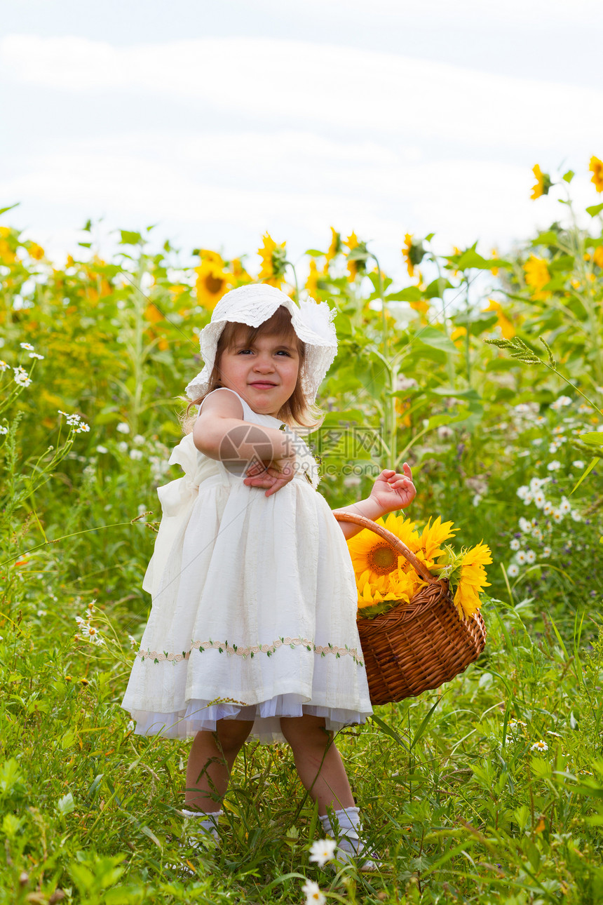 小女孩带着一个大篮子和向日葵国家休息太阳能花朵孩子女孩黄色裙子花束儿童图片