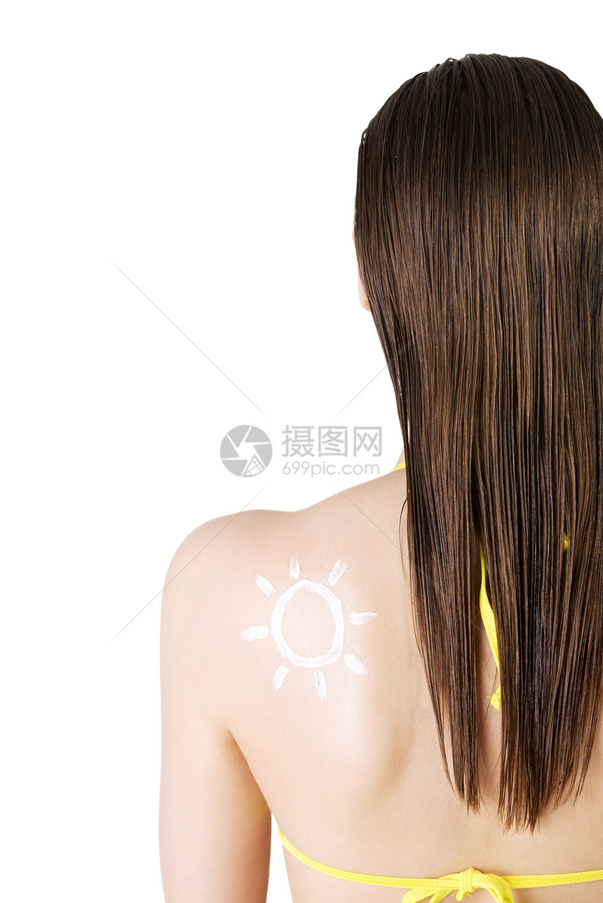 有吸引力的女人 身上有日形的太阳霜女士比基尼阳光洗剂太阳日光浴药品化妆品戏服防晒霜图片