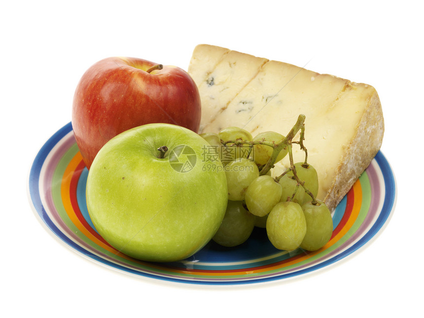 含有水果的蓝色斯蒂尔顿奶酪奶奶食物零食午餐生产盘子红色绿色白色小吃图片