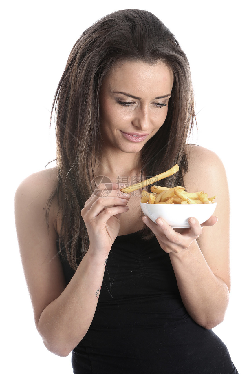 模型释放 妇女吃薯片薯条白色女士头发油条图片