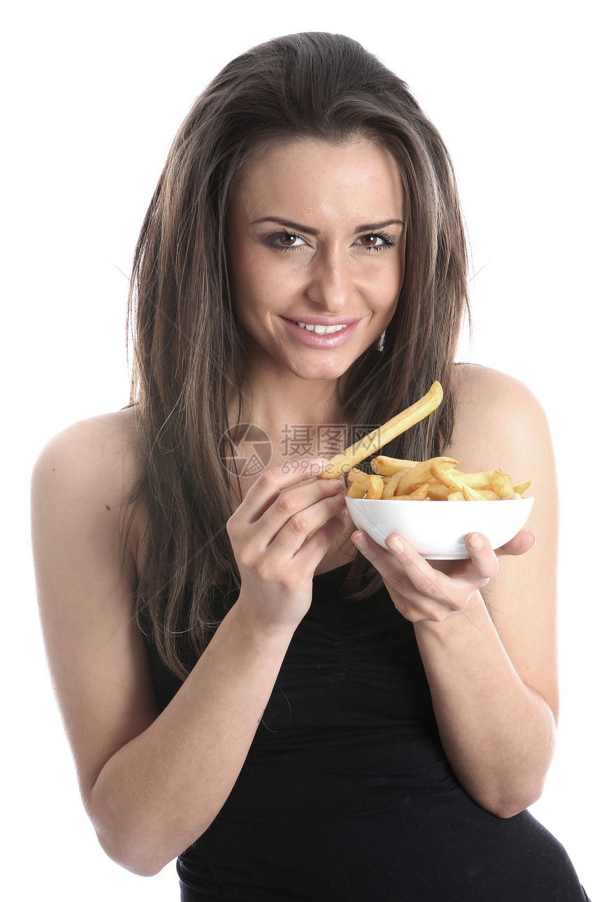 模型释放 妇女吃薯片白色头发油条薯条女士图片