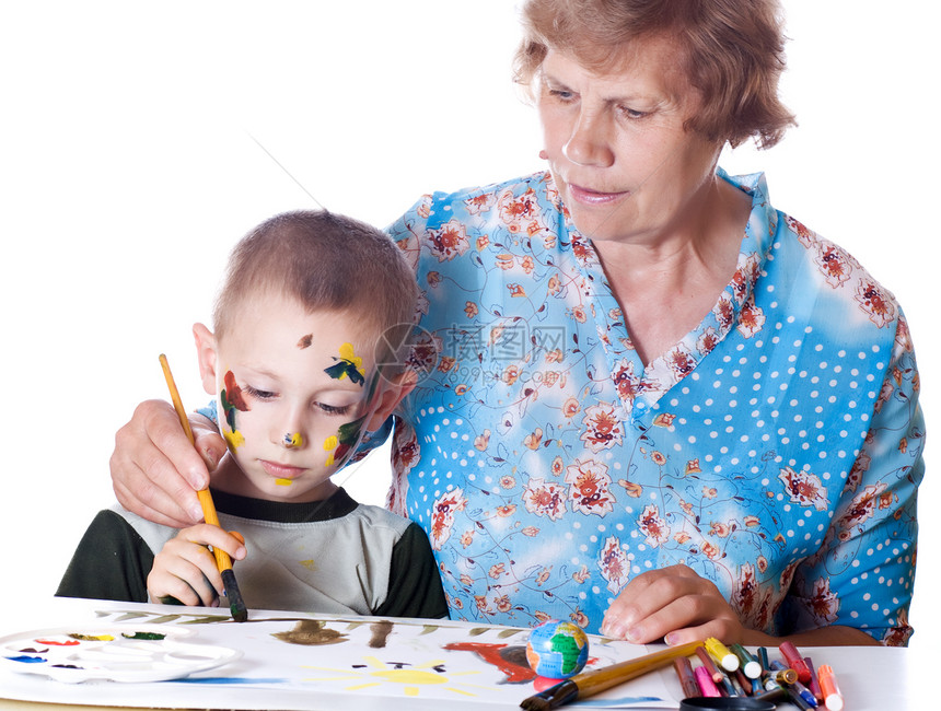 外祖母和孙孙孙画笔家庭男生爱好学习创造力艺术家祖母绘画教育图片