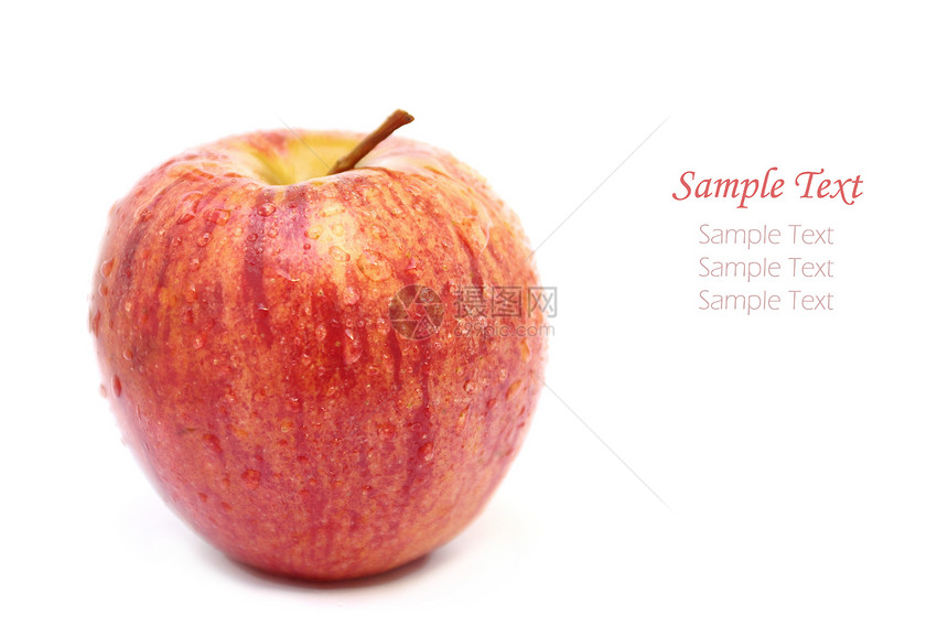 特写红苹果 用白色的孤立水滴图片