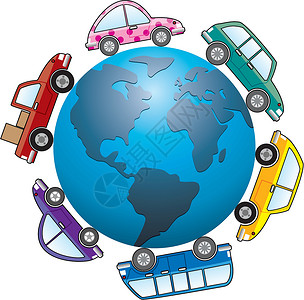 汽车爆胎环绕地球全球的汽车蓝色商业驾驶旅行团体交通运输货物卡车卡通片插画