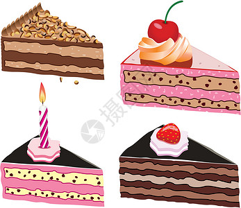 巧克力蛋奶酥蛋糕切片庆典蜡烛食物奶油巧克力插图装饰品风格饼干浆果插画