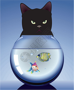 想吃鱼猫黑猫和有鱼的水族馆插画