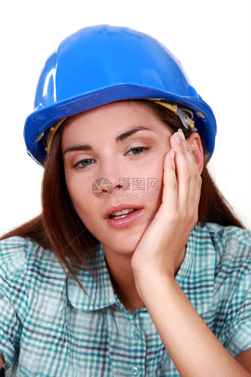 一个疲劳的女商务人士安全生活工人边缘头盔倦怠帽子世俗昏睡蓝色图片