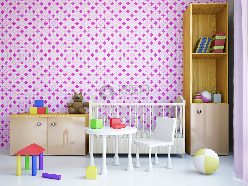 带床铺的托儿所生活闲暇公寓房间房子幼儿园孩子们婴儿桌子风格图片