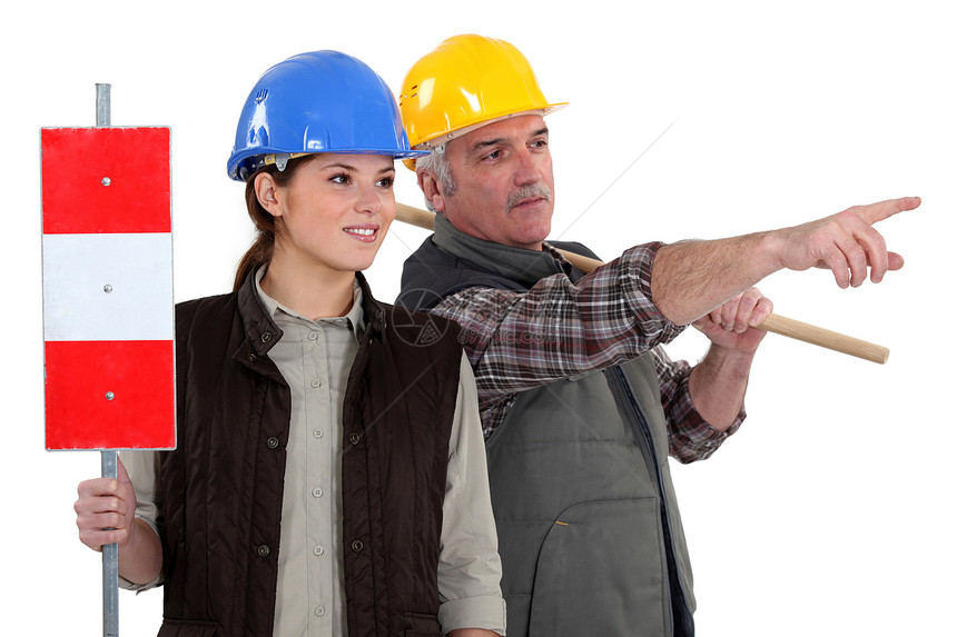 两名工人女性背心白色微笑男人红色水平蓝色木头女士图片