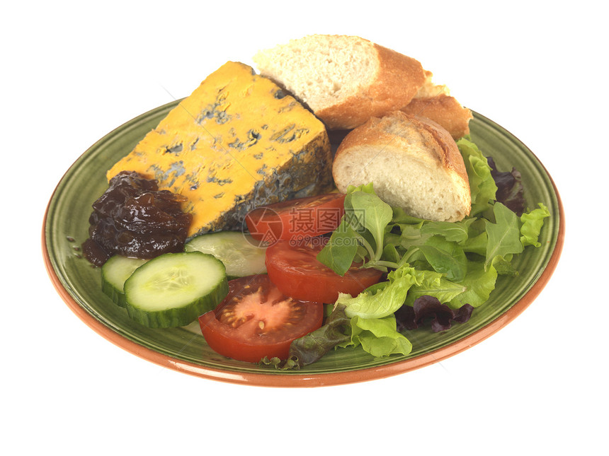蓝奶酪和沙拉小吃绿色硬皮午餐盘子白色黄色食物农民树叶图片