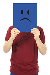悲伤的面容男人白色面具表情招牌标语男性情感蓝色符号高清图片