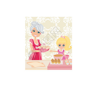 蛋糕厨房奶奶和外孙女一起烤饼干厨房家庭生活围裙勺子插图女士裙子女儿面糊设计图片