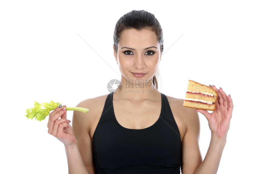 妇女持有蛋糕和西莱里Celery食物头发采摘女士白色芹菜海绵育肥图片