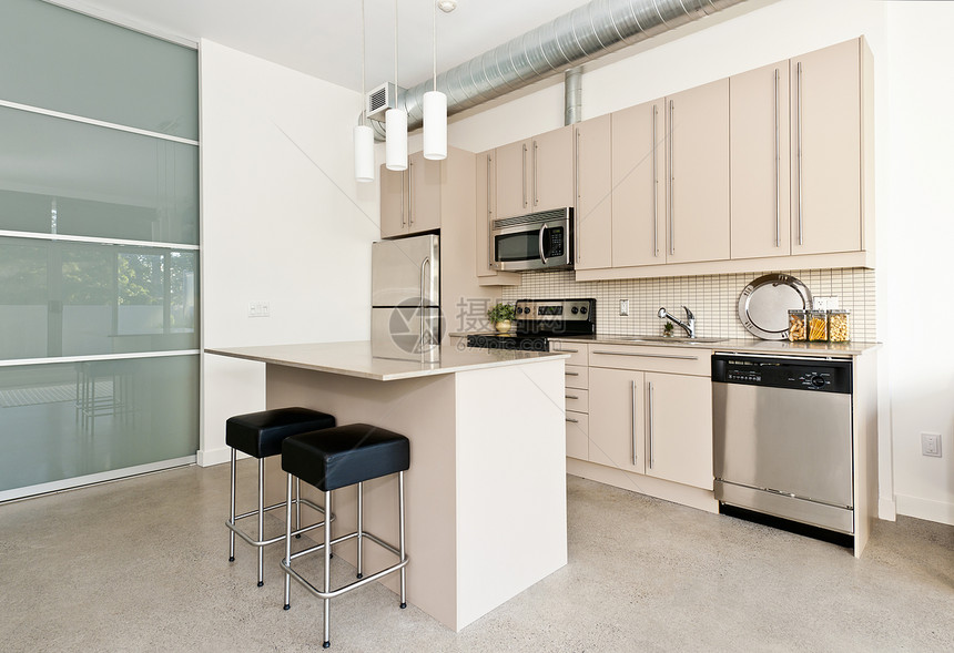 现代公寓厨房内饰建筑学住宅房间设计不锈钢凳子家具工作室地面图片