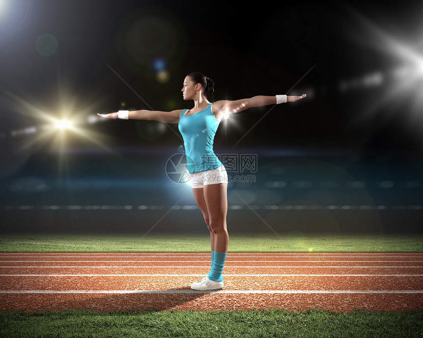 女运动青年运动员演员体操动机手臂女性训练活力女士蓝色城市图片