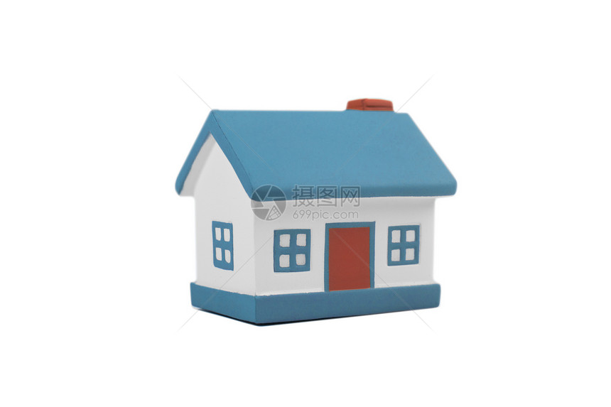 一栋小房子 白色背景的蓝屋顶图片