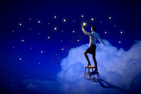 爬梯子摘星星女性照明星小说梯子蓝色紫色星光星座微笑星星火花天空背景