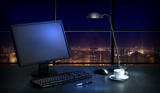 夜间办公室电脑工作职业天空照片窗户电话公司城市景观背景图片