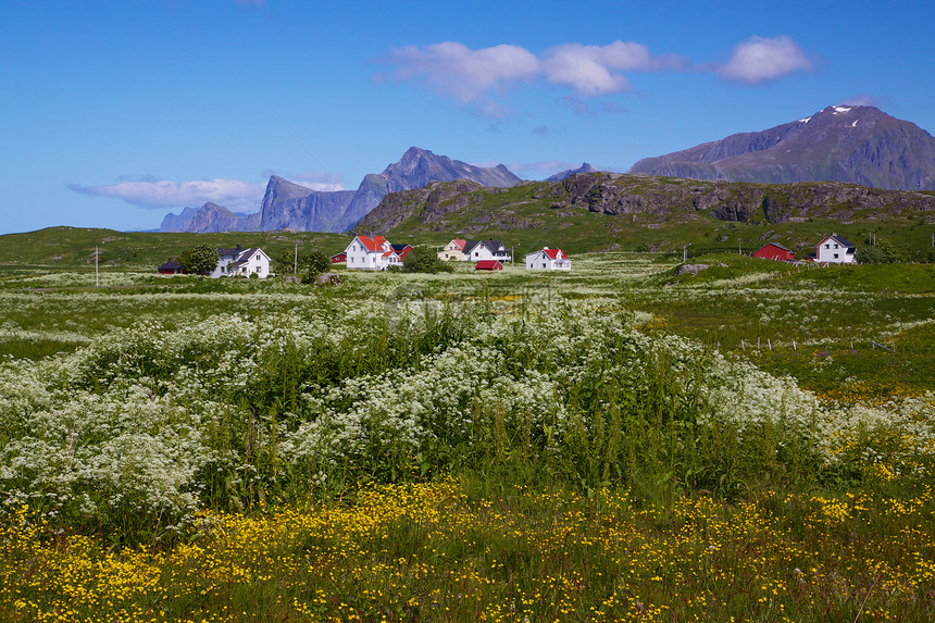 挪威语村住宅蓝色山脉草原全景村庄草地晴天风景牧场图片